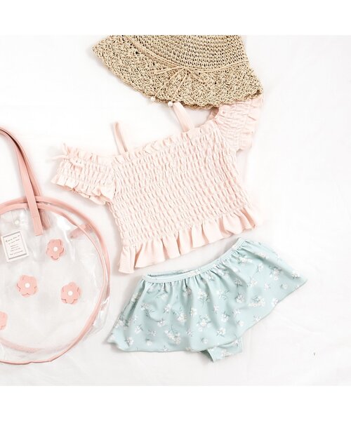 apres les cours（アプレレクール）の「【UVカット】ナチュラル花柄シャーリングセパレート水着（水着・キッズ・ピンク/ミント・90/100/110/120/140/130/80）」の7枚目の写真