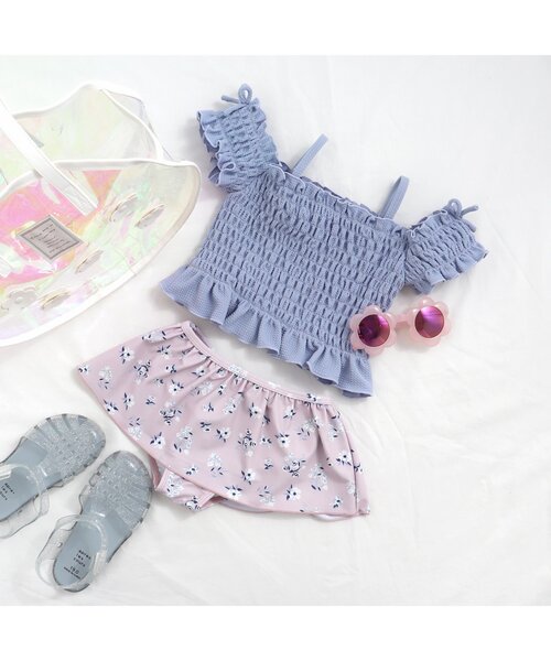 apres les cours（アプレレクール）の「【UVカット】ナチュラル花柄シャーリングセパレート水着（水着・キッズ・ピンク/ミント・90/100/110/120/140/130/80）」の11枚目の写真