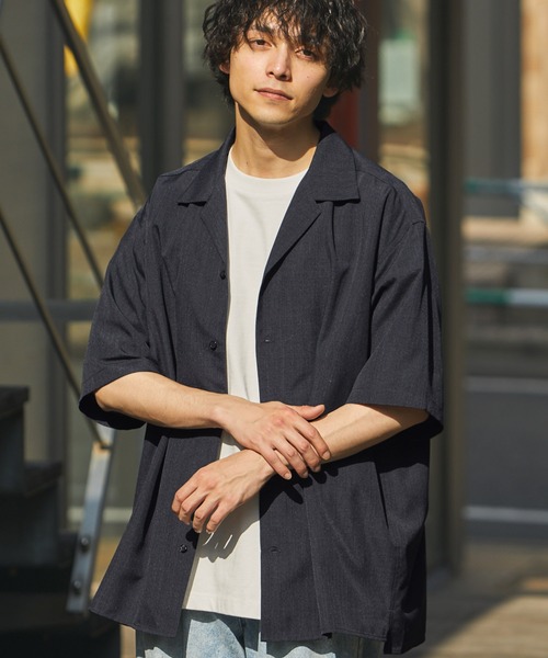 MONO-MART（モノマート）の「ナチュラルシャンブレーファブリック ルーズオープンカラー半袖シャツ シンセティックリネンシャツ 2023SUMMER（シャツ/ブラウス・メンズ・ライトベージュ/ブルー/オリーブ/オレンジ/レッド/ネイビー/ベージュ/ブラック/ダークブラウン・M/L）」の6枚目の写真