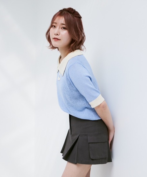 INTER FACTORY（インターファクトリー）の「こなん - 配色ニットポロトップス　made in INTER FACTORY（ポロシャツ・レディース・ライトグリーン/ライトブルー・SMALL/MEDIUM）」の2枚目の写真