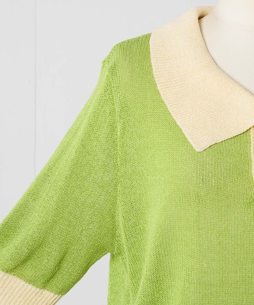 INTER FACTORY（インターファクトリー）の「こなん - 配色ニットポロトップス　made in INTER FACTORY（ポロシャツ・レディース・ライトグリーン/ライトブルー・SMALL/MEDIUM）」の7枚目の写真