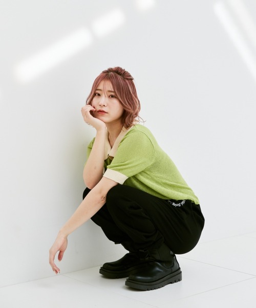 INTER FACTORY（インターファクトリー）の「こなん - 配色ニットポロトップス　made in INTER FACTORY（ポロシャツ・レディース・ライトグリーン/ライトブルー・SMALL/MEDIUM）」の10枚目の写真