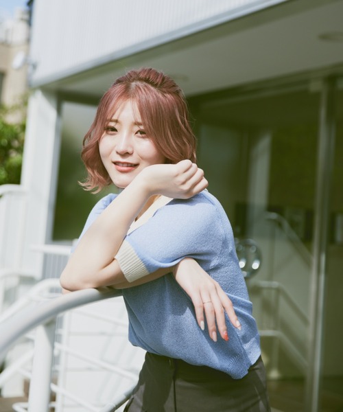 INTER FACTORY（インターファクトリー）の「こなん - 配色ニットポロトップス　made in INTER FACTORY（ポロシャツ・レディース・ライトグリーン/ライトブルー・SMALL/MEDIUM）」の21枚目の写真