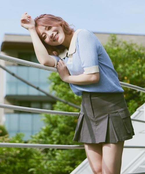 INTER FACTORY（インターファクトリー）の「こなん - 配色ニットポロトップス　made in INTER FACTORY（ポロシャツ・レディース・ライトグリーン/ライトブルー・SMALL/MEDIUM）」の6枚目の写真