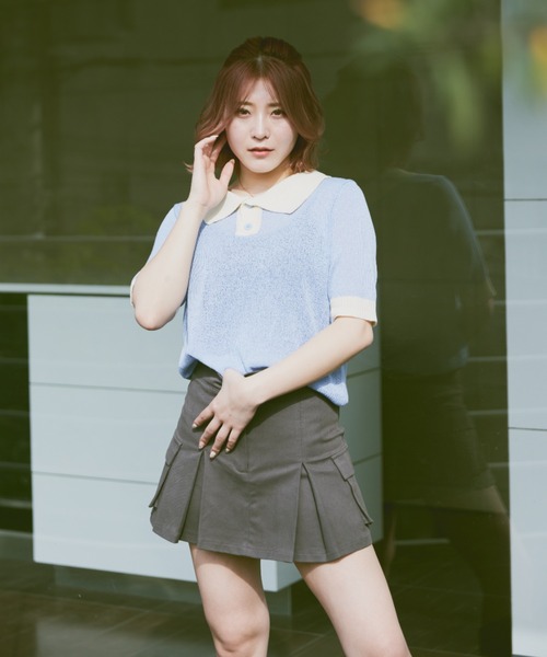 INTER FACTORY（インターファクトリー）の「こなん - 配色ニットポロトップス　made in INTER FACTORY（ポロシャツ・レディース・ライトグリーン/ライトブルー・SMALL/MEDIUM）」の11枚目の写真