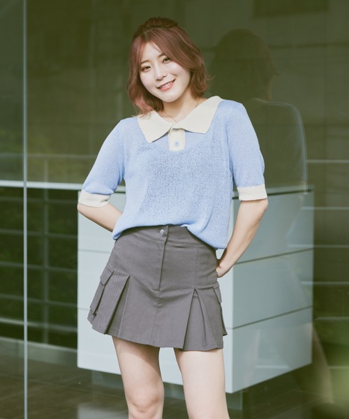 INTER FACTORY（インターファクトリー）の「こなん - 配色ニットポロトップス　made in INTER FACTORY（ポロシャツ・レディース・ライトグリーン/ライトブルー・SMALL/MEDIUM）」の16枚目の写真