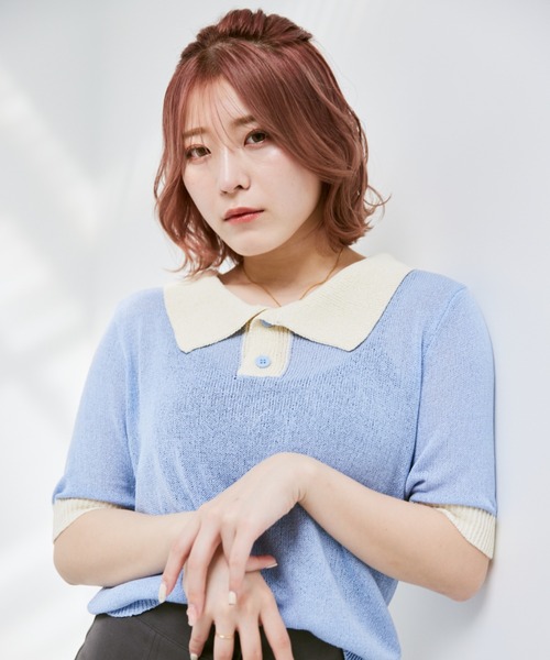 INTER FACTORY（インターファクトリー）の「こなん - 配色ニットポロトップス　made in INTER FACTORY（ポロシャツ・レディース・ライトグリーン/ライトブルー・SMALL/MEDIUM）」の4枚目の写真