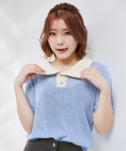 INTER FACTORY（インターファクトリー）の「こなん - 配色ニットポロトップス　made in INTER FACTORY（ポロシャツ・レディース・ライトグリーン/ライトブルー・SMALL/MEDIUM）」の9枚目の写真