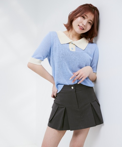 INTER FACTORY（インターファクトリー）の「こなん - 配色ニットポロトップス　made in INTER FACTORY（ポロシャツ・レディース・ライトグリーン/ライトブルー・SMALL/MEDIUM）」の14枚目の写真