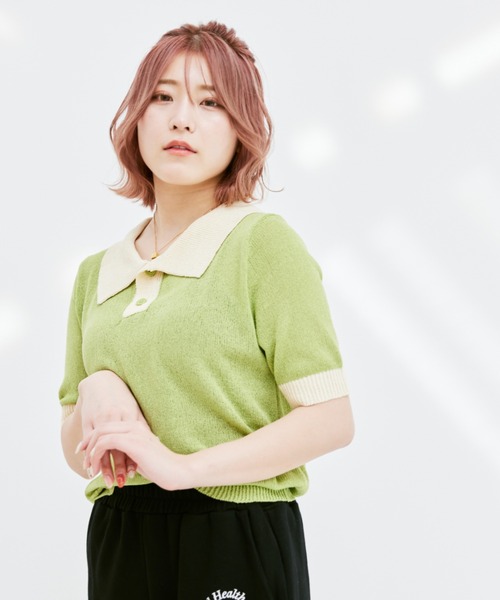 INTER FACTORY（インターファクトリー）の「こなん - 配色ニットポロトップス　made in INTER FACTORY（ポロシャツ・レディース・ライトグリーン/ライトブルー・SMALL/MEDIUM）」の3枚目の写真