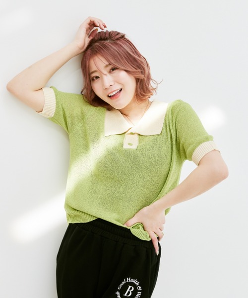 INTER FACTORY（インターファクトリー）の「こなん - 配色ニットポロトップス　made in INTER FACTORY（ポロシャツ・レディース・ライトグリーン/ライトブルー・SMALL/MEDIUM）」の13枚目の写真