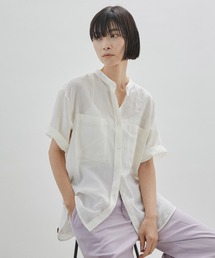 SALON adam et rope' | 【手洗い可能】麻ラウンドヘムバンドカラーシャツ(シャツ/ブラウス)