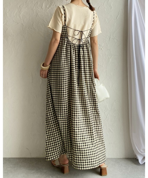 ギンガムチェック サスペンダーワンピース ハイウエスト Aライン She's Closet（シーズクローゼット）の「Aラインバックリボン