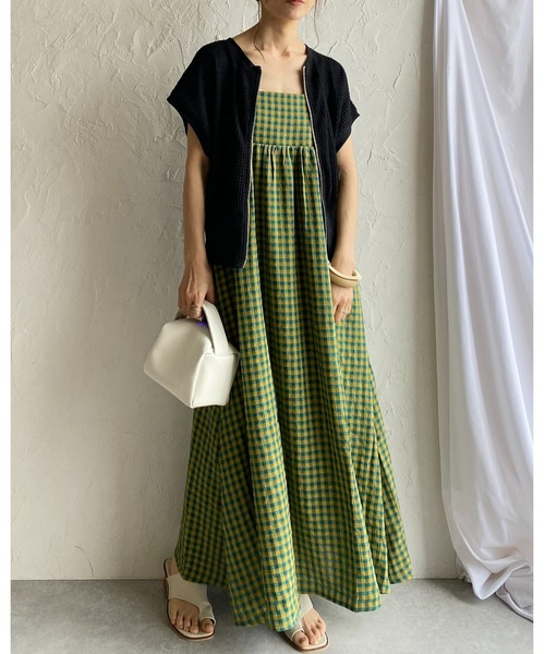 She's Closet（シーズクローゼット）の「Aラインバックリボンハイウエストボリュームフレアロング丈ギンガムチェックキャミワンピース（ワンピース・レディース・ブラック/グリーン/ブラック系その他/ピンク系その他/モスグリーン・FREE）」の13枚目の写真