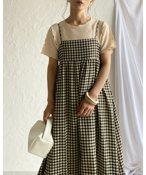 ギンガムチェック サスペンダーワンピース ハイウエスト Aライン She's Closet（シーズクローゼット）の「Aラインバックリボン