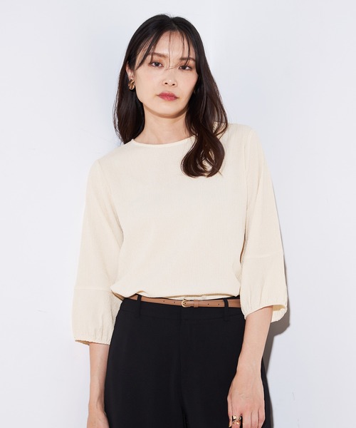 A/C DESIGN BY ALPHA CUBIC(エーシーデザインバイアルファキュービック)の「クルーネックプルオーバー(Tシャツ/カットソー・レディース・ブルー/ベージュ/ブラック・M/L/LL)」の1枚目の写真