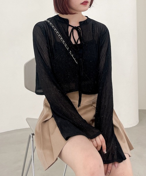 Heather(ヘザー)の「ラメシアーキャミ2Pカットソー 971975(Tシャツ/カットソー・レディース・ブラック/ベージュ/ライトグリーン・FREE)」の2枚目の写真