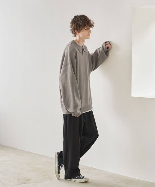 CTHY（シティ）の「ルーズニットシングルボタンニット長袖ポロシャツ（ニット/セーター・メンズ・グレー/モカ/ブラック/オフホワイト・L/S/M/XL）」の7枚目の写真