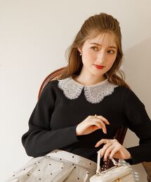 ◆【大人クラシカルな華やかニット】レース衿リブニット