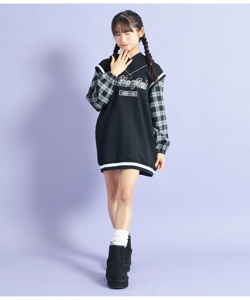 ANAP GiRL(アナップガール)の「くまチェックレイヤード裏毛ワンピネックレス付(ワンピース・キッズ・ベージュ/ブラック・XS/S)」の10枚目の写真