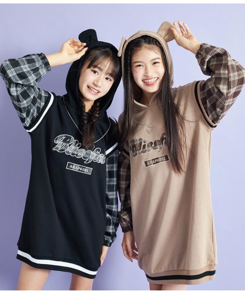 ANAP GiRL(アナップガール)の「くまチェックレイヤード裏毛ワンピネックレス付(ワンピース・キッズ・ベージュ/ブラック・XS/S)」の17枚目の写真