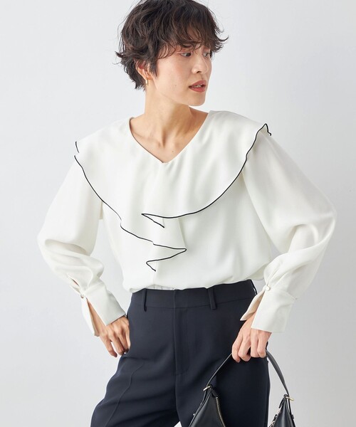 【値下げ】NOLLEY’S 23AW ストレッチジョーゼットラッフル襟配色ブラウス ラッフルブラウス 3-0055-5-01-003 ベージュ サイズ：38 (EC) NOLLEY'S ノーリーズ NOLLEY'S 23AW ストレッチジョーゼット