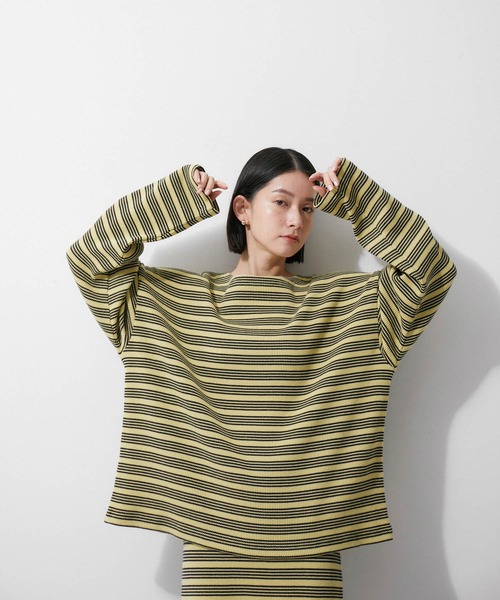 MILLER(ミラー)の「【Miller for ADAM ET ROPE'】別注WAFFLE L/S BORDER TEE(Tシャツ/カットソー・レディース・オフホワイト/グリーン系その他・FREE)」の1枚目の写真