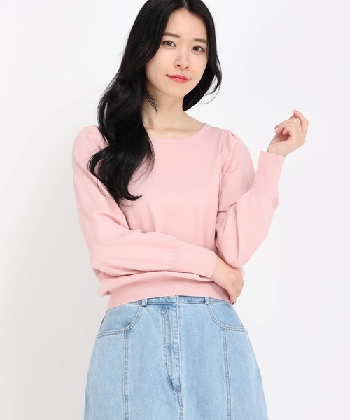 STRAWBERRY-FIELDS（ストロベリーフィールズ）の「ﾊﾞｯｸﾘﾎﾞﾝ釦ﾊﾟﾌｽﾘｰﾌﾞﾆｯﾄ（ニット/セーター・レディース・ブラック/オフホワイト/ミント/ピンク・2）」の4枚目の写真