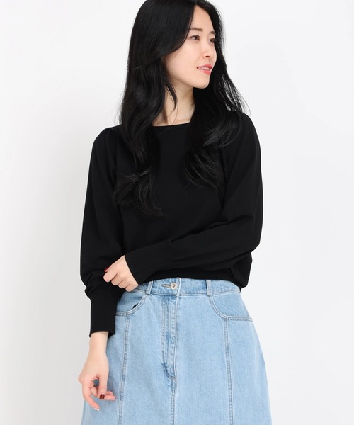 STRAWBERRY-FIELDS（ストロベリーフィールズ）の「ﾊﾞｯｸﾘﾎﾞﾝ釦ﾊﾟﾌｽﾘｰﾌﾞﾆｯﾄ（ニット/セーター・レディース・ブラック/オフホワイト/ミント/ピンク・2）」の2枚目の写真