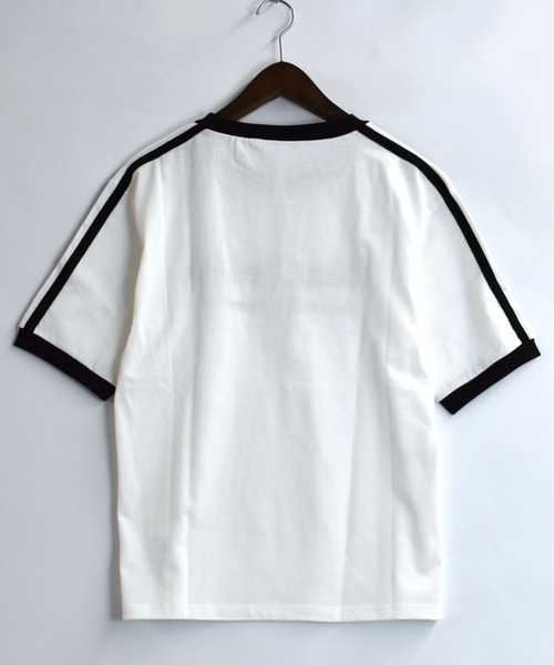 oversize sleeve line ringer T-shirt/オーバーサイズ  袖ライン フロント刺繍 リンガー Tシャツ