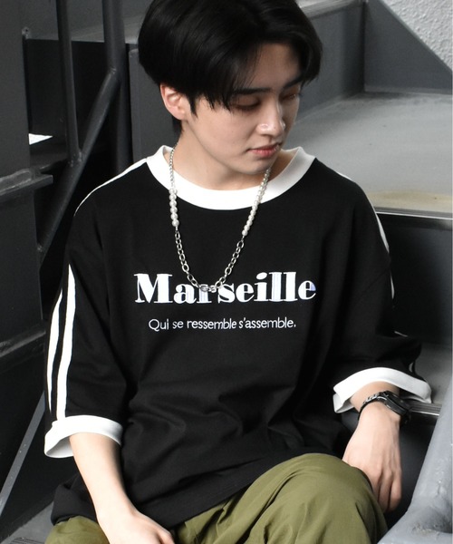 セール】oversize sleeve line ringer T-shirt/オーバーサイズ