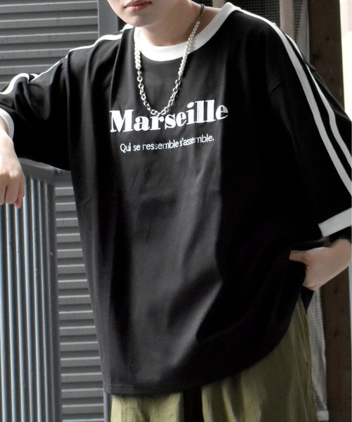 セール】oversize sleeve line ringer T-shirt/オーバーサイズ