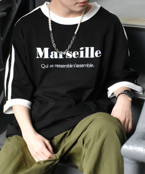 セール】oversize sleeve line ringer T-shirt/オーバーサイズ