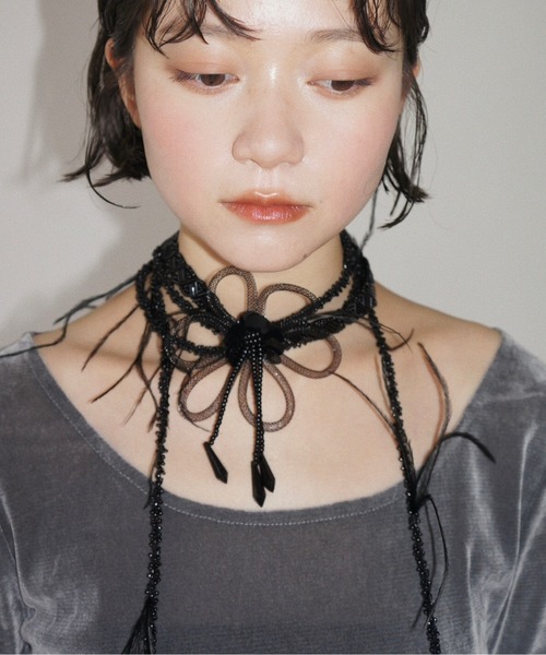 select 】feather & beads long choker / フェザーチョーカー
