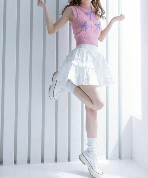 【48400円】2024年夏天竺編みリボンスリーブニット　ピンク　コットントップ 48400円】2024年夏天竺編みリボンスリーブニット ピンク