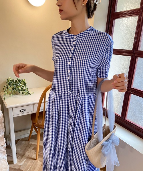 美品 S / île シール チェック ワンピース ボリュームスリーブ リボン セール】チェック柄ボリュームスリーブワンピース（ワンピース