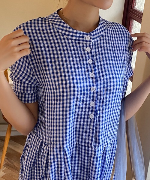 aimoha（アイモハ）の「チェック柄ボリュームスリーブワンピース (SS)（ワンピース・レディース・ブルー・MEDIUM/LARGE）」の9枚目の写真