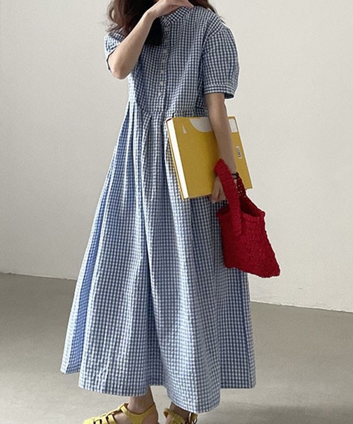 美品 S / île シール チェック ワンピース ボリュームスリーブ リボン セール】チェック柄ボリュームスリーブワンピース(ワンピース