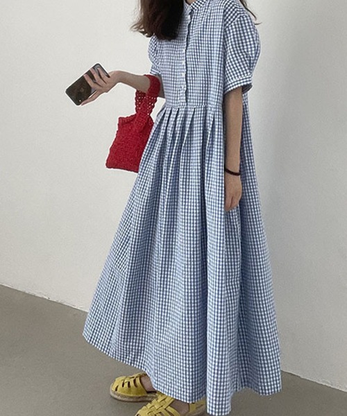 美品 S / île シール チェック ワンピース ボリュームスリーブ リボン セール】*〈手洗い可能〉バックリボンボリュームスリーブ