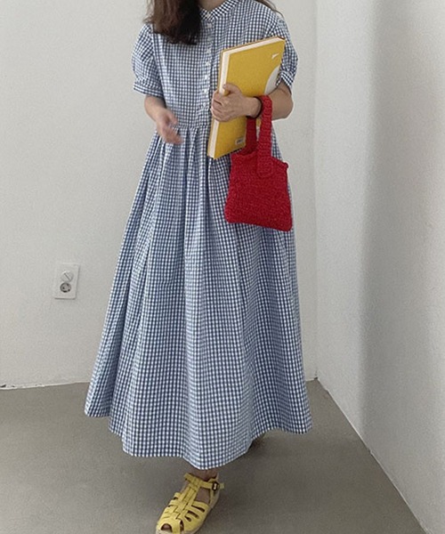 美品 S / île シール チェック ワンピース ボリュームスリーブ リボン セール】チェック柄ボリュームスリーブワンピース（ワンピース