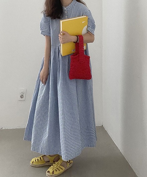 セール】チェック柄ボリュームスリーブワンピース（ワンピース