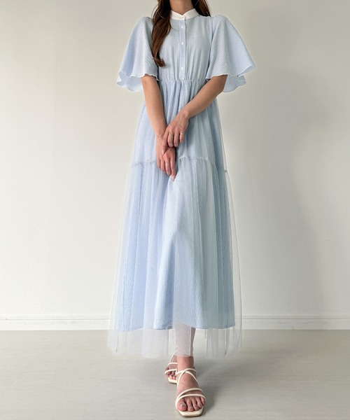 junoah(ジュノア)の「チュールドッキングフリルスリーブシャツワンピース(シャツワンピース・レディース・ブラック/グレー/ブルー・X-LARGE/LARGE/MEDIUM)」の5枚目の写真