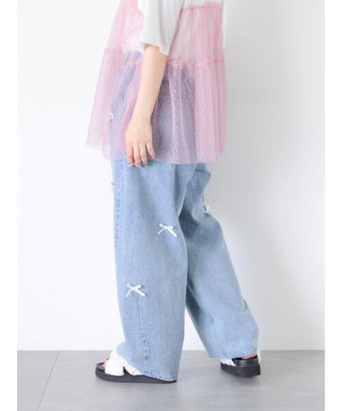 ehka sopo(エヘカソポ)の「リボン付ワイドデニムパンツ(デニムパンツ・レディース・サックスブルー/キナリ/ネイビー・F)」の6枚目の写真