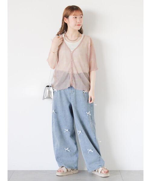 ehka sopo(エヘカソポ)の「リボン付ワイドデニムパンツ(デニムパンツ・レディース・サックスブルー/キナリ/ネイビー・F)」の15枚目の写真