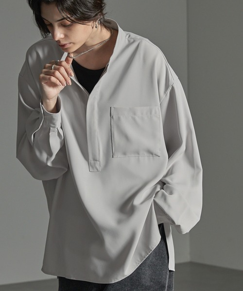 CIYOT（シヨウト）の「【CIYOT-シヨウト-】ドレープハーフジップオーバーサイズバンドカラーシャツ（シャツ/ブラウス・メンズ・ダークブラウン/ライトグレー/ブラック/モカ/チャコール/アイボリー・L/M）」の3枚目の写真