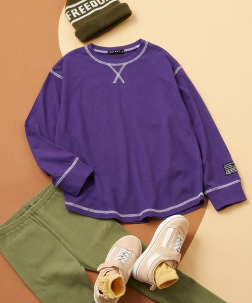 SHISKY（シスキー）の「SHISKY / シスキー ワンポイント ステッチデザイン オーバーサイズ ロンT 長袖 キッズ（Tシャツ/カットソー・キッズ・オフホワイト/ブラック/ダークグリーン/チャコール/パープル/杢グレー・110/140/130/120/160/150）」の6枚目の写真