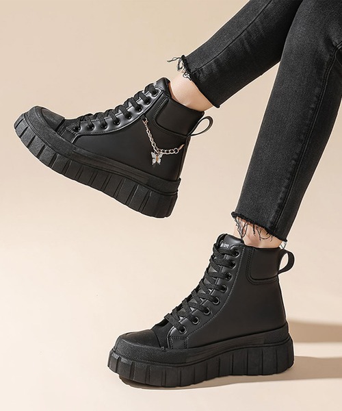 セール】バタフライチャーム付き レースアップ 厚底 ショート ブーツ