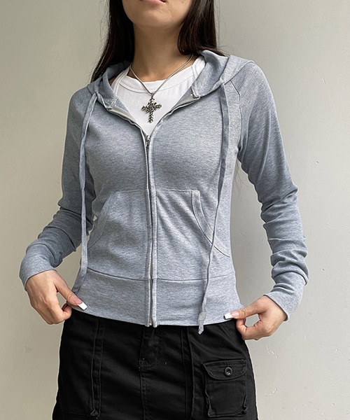 MEMECLE（メメクル）の「【 MEMECLE / メメクル 】フードジップアップ 長袖 パーカー カットソー（パーカー・レディース・ダークグレー/ライトグレー・S/M）」の2枚目の写真