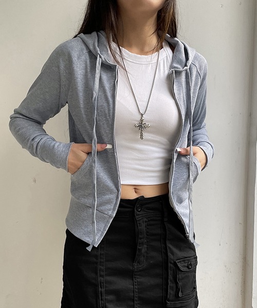 MEMECLE（メメクル）の「【 MEMECLE / メメクル 】フードジップアップ 長袖 パーカー カットソー（パーカー・レディース・ダークグレー/ライトグレー・S/M）」の10枚目の写真