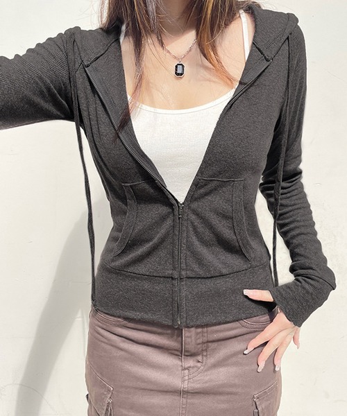 MEMECLE（メメクル）の「【 MEMECLE / メメクル 】フードジップアップ 長袖 パーカー カットソー（パーカー・レディース・ダークグレー/ライトグレー・S/M）」の6枚目の写真